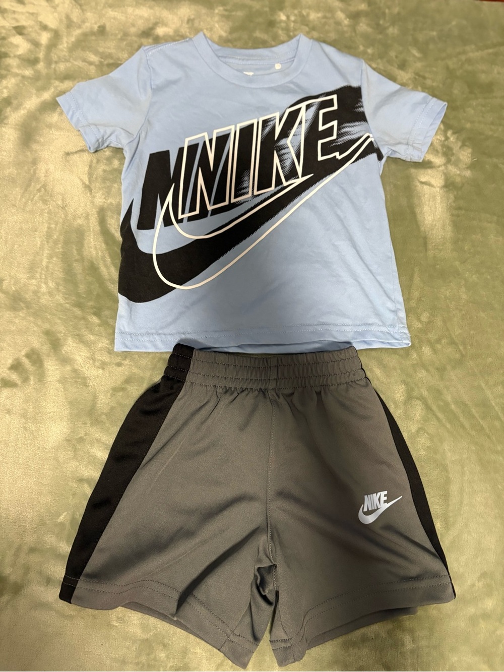 Nike Light Blue Graphic Tee with Gray and Black Athletic Shorts